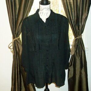 New Directions Woman Black Semi Sheer Blouse Top 2X Plus Button  Roll Tab Sleeve